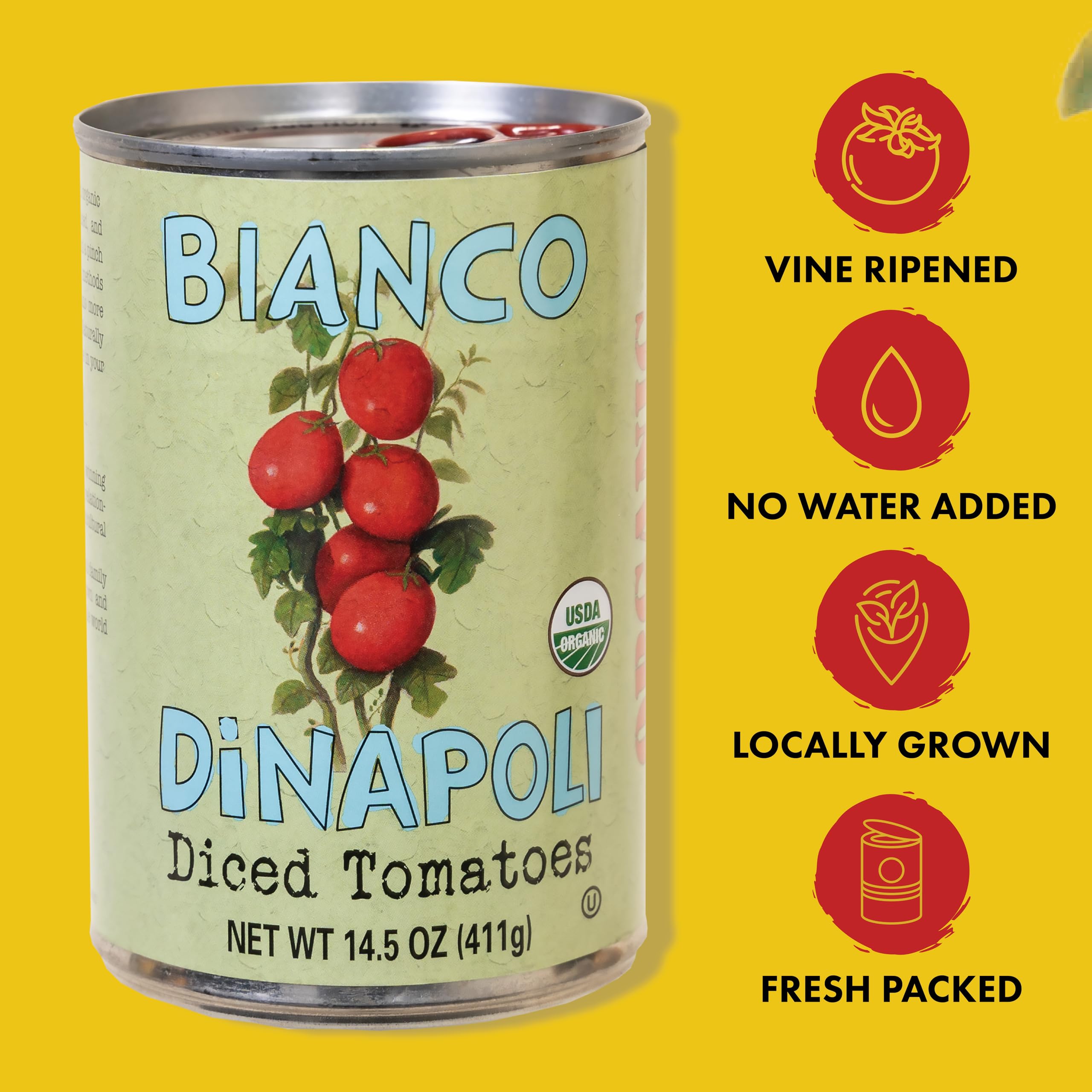 Close-up of diced tomato texture from Bianco DiNapoli showing natural chunks
