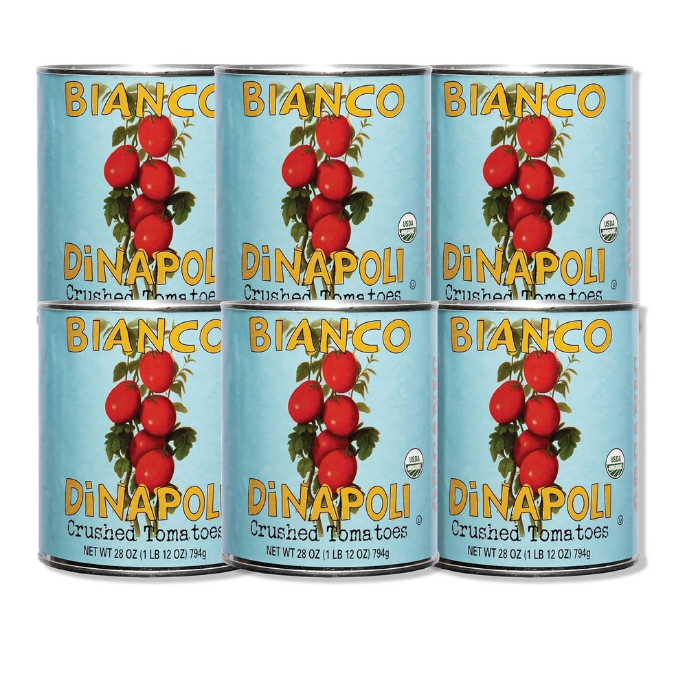 Bianco DiNapoli front label showing organic crushed tomatoes, clear product benefit