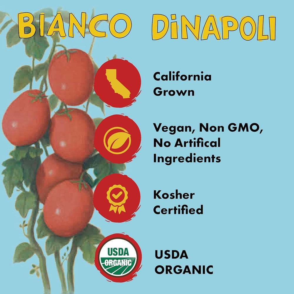 Bianco DiNapoli crushed tomatoes with raw ingredients, highlights natural, organic sourcing