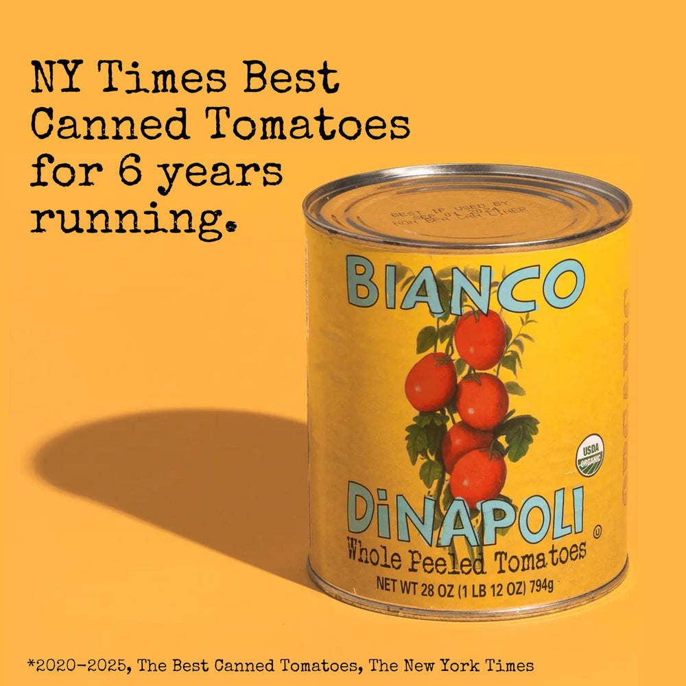 Bianco DiNapoli cans stacked in pantry, shows shelf-stable convenience and preparedness
