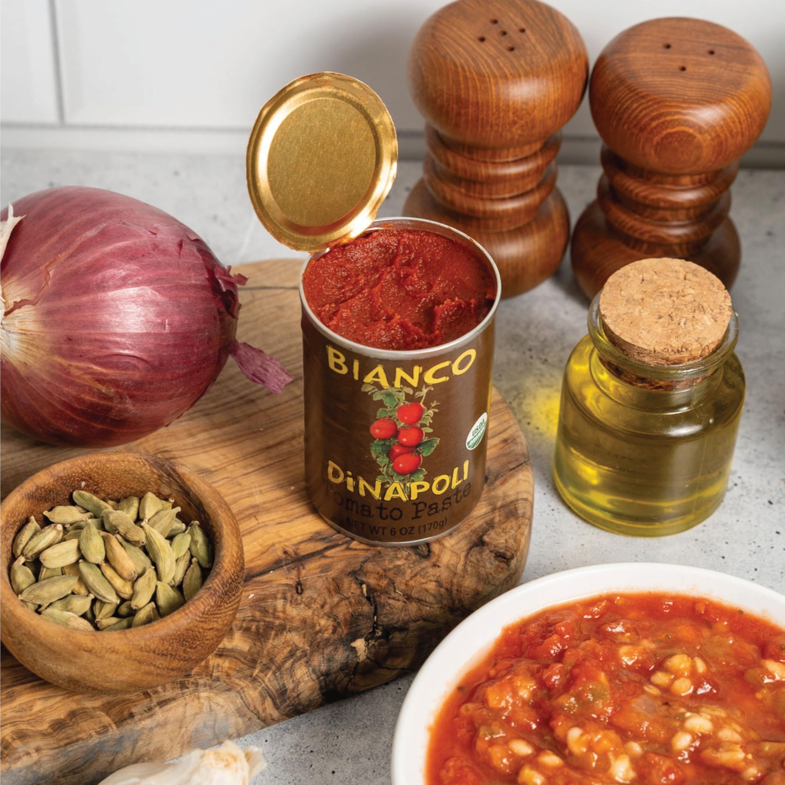 Bianco DiNapoli can in a home kitchen setting conveying everyday usability