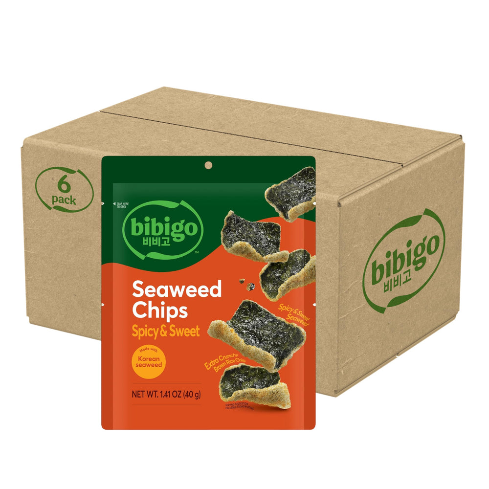 bibigo front packaging displaying six spicy and sweet seaweed chip packs with clear branding and convenience