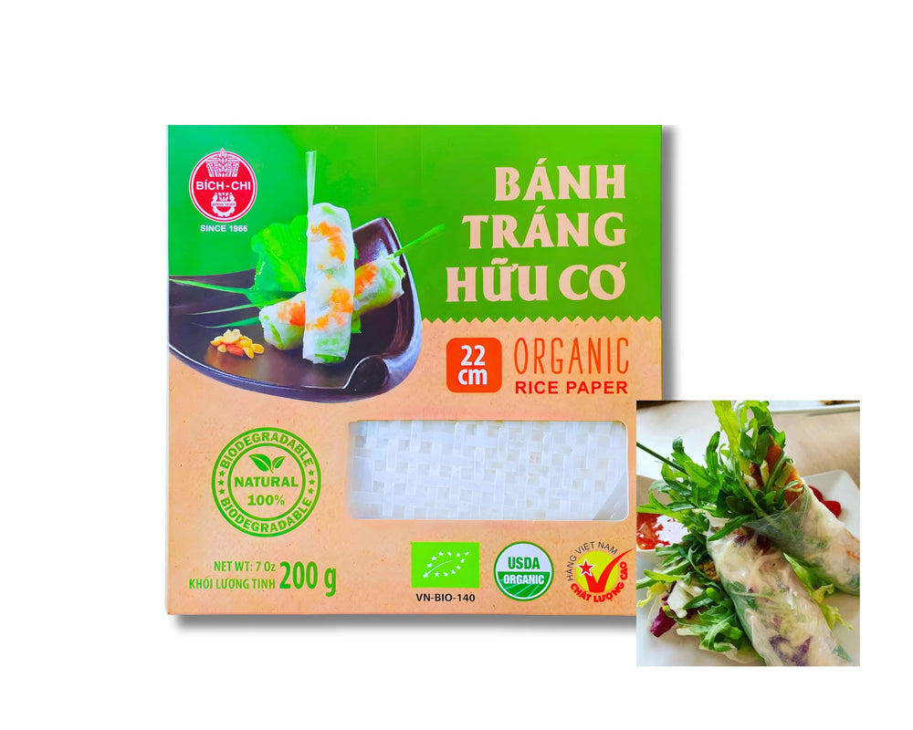Bich Chi front packaging showing organic label and 22cm wraps for authentic rolls