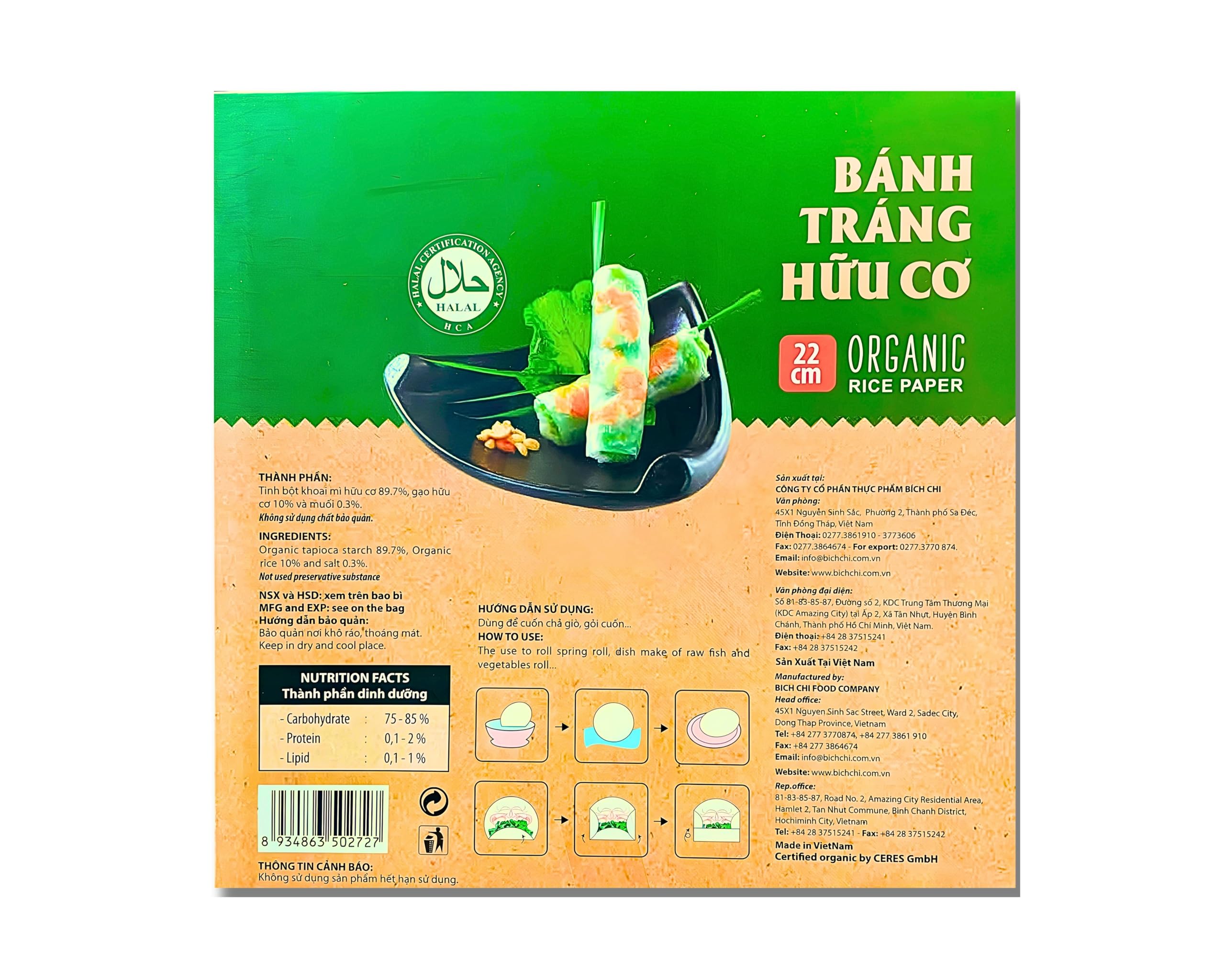 Bich Chi wrappers in use wrapped around fresh vegetables demonstrating easy rolling