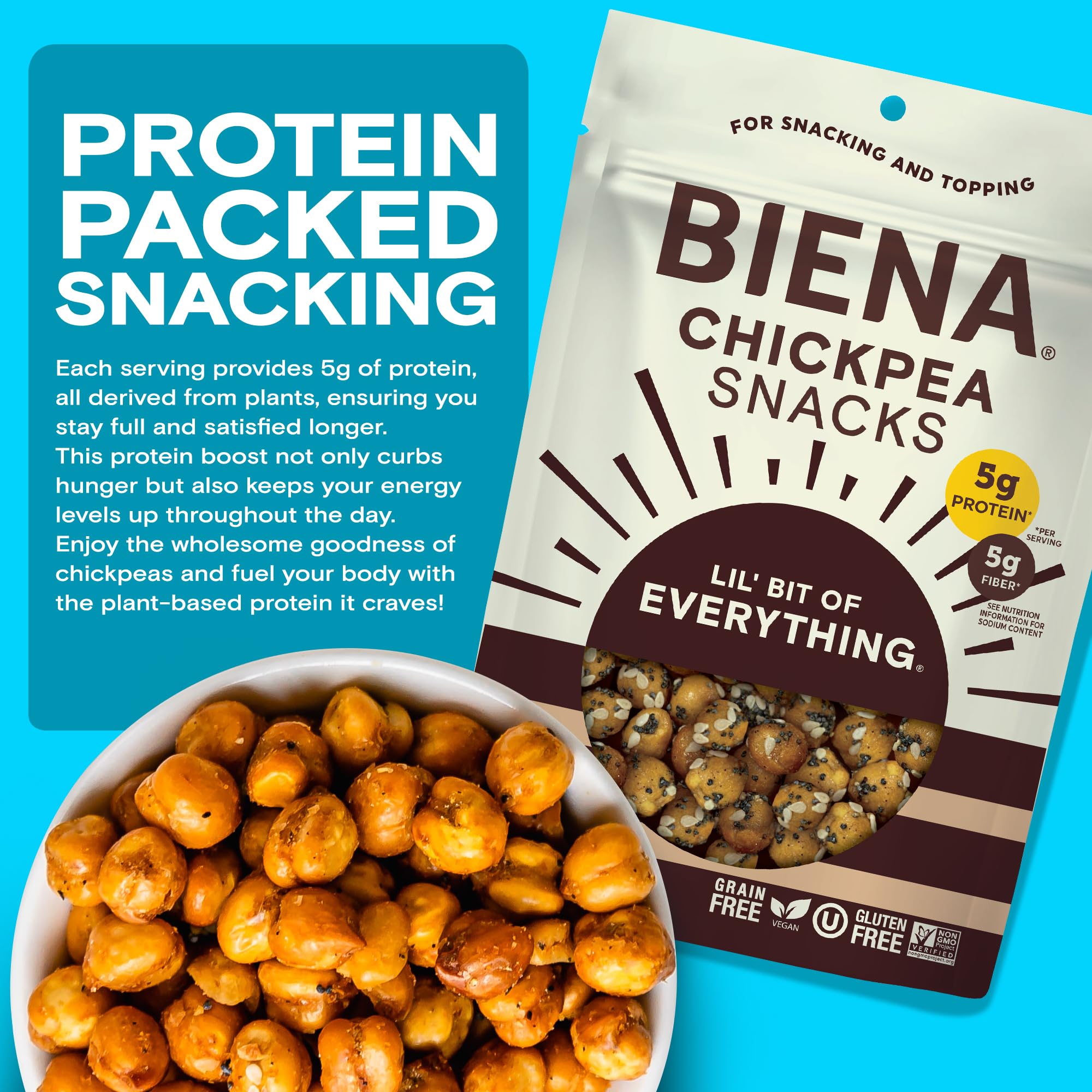 BIENA opened bag with roasted chickpeas visible, ready to snack