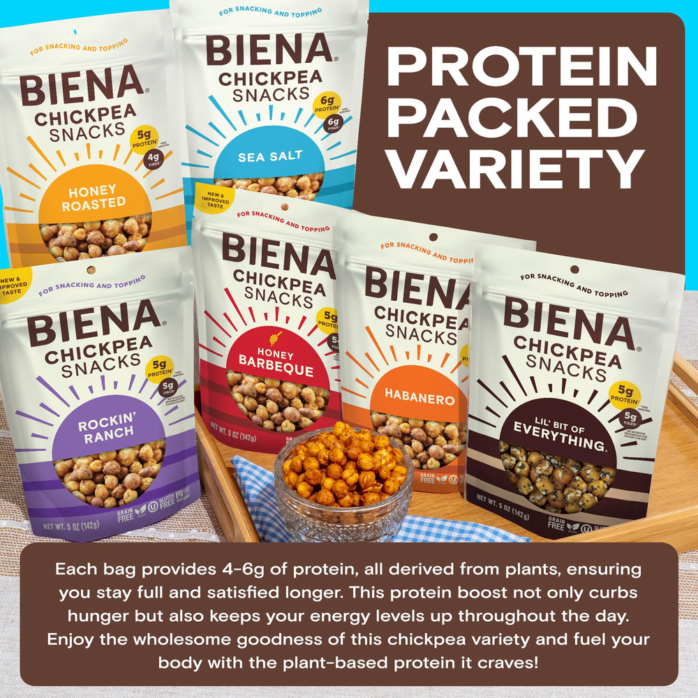 BIENA close-up of roasted chickpea texture highlighting crispy crunch benefit