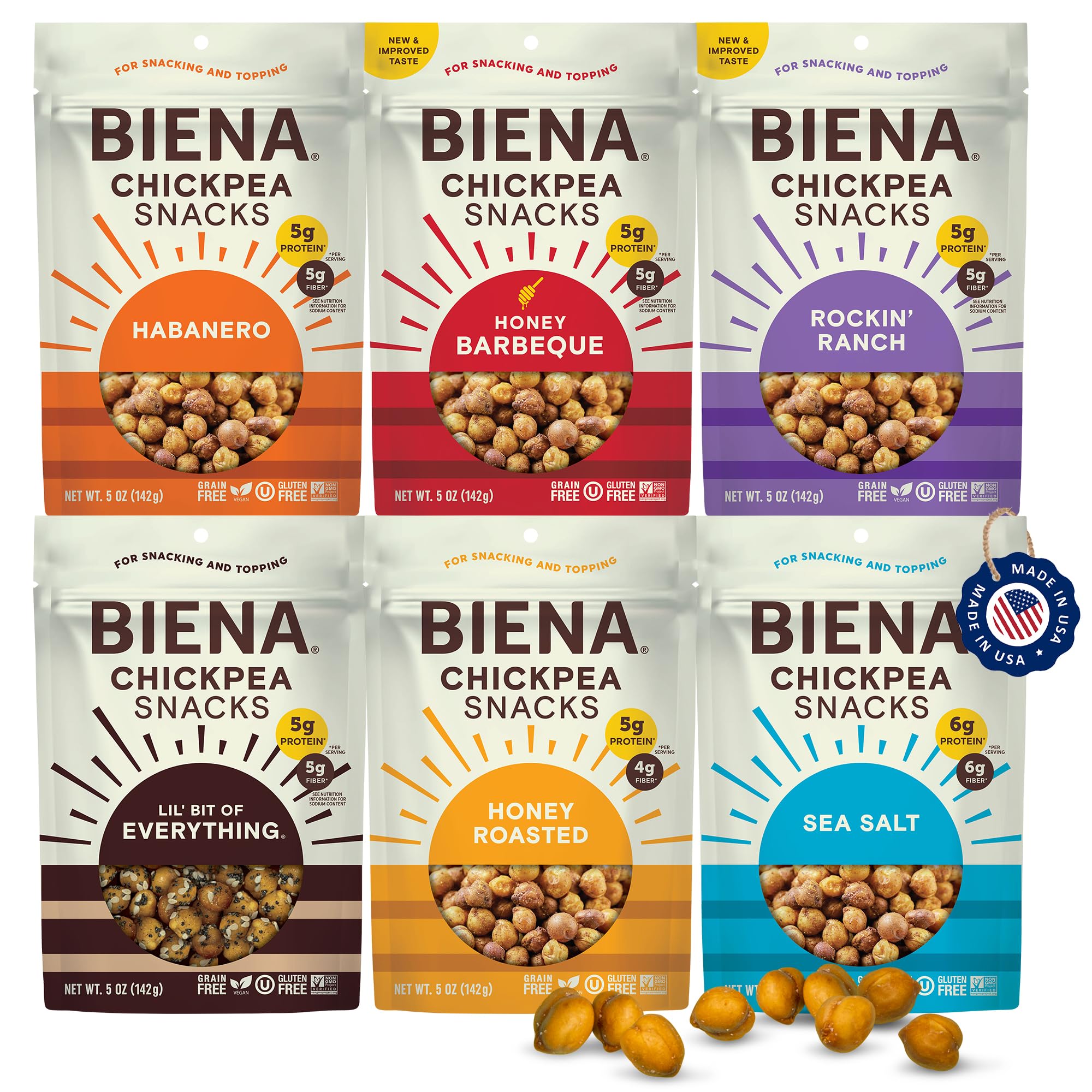 BIENA front packaging showing six 5 oz resealable bags and flavors benefit convenience
