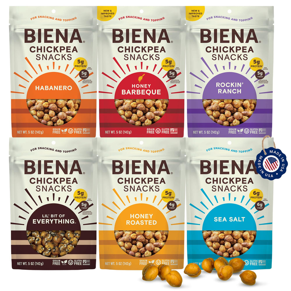 BIENA front packaging showing six 5 oz resealable bags and flavors benefit convenience