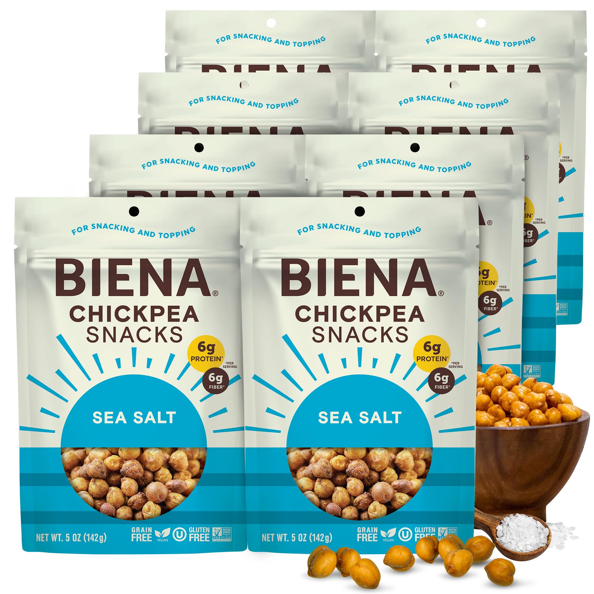 BIENA front packaging showing sea salt flavor and 8-pack convenience