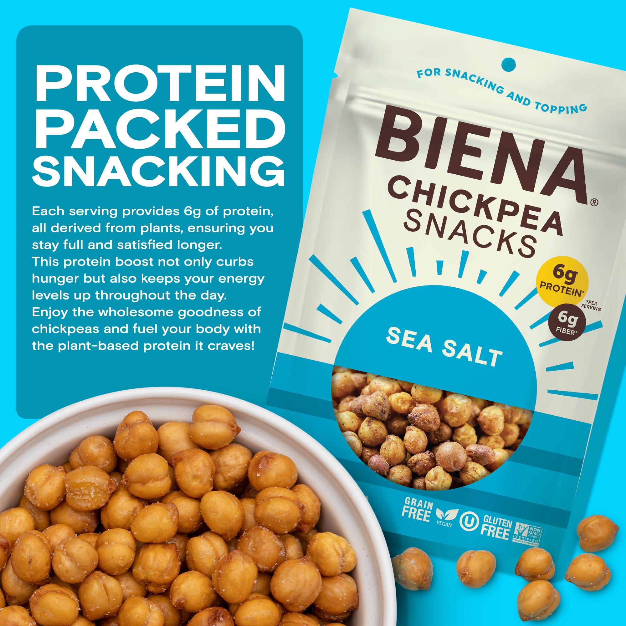 BIENA open resealable bag in hand demonstrating portability and freshness