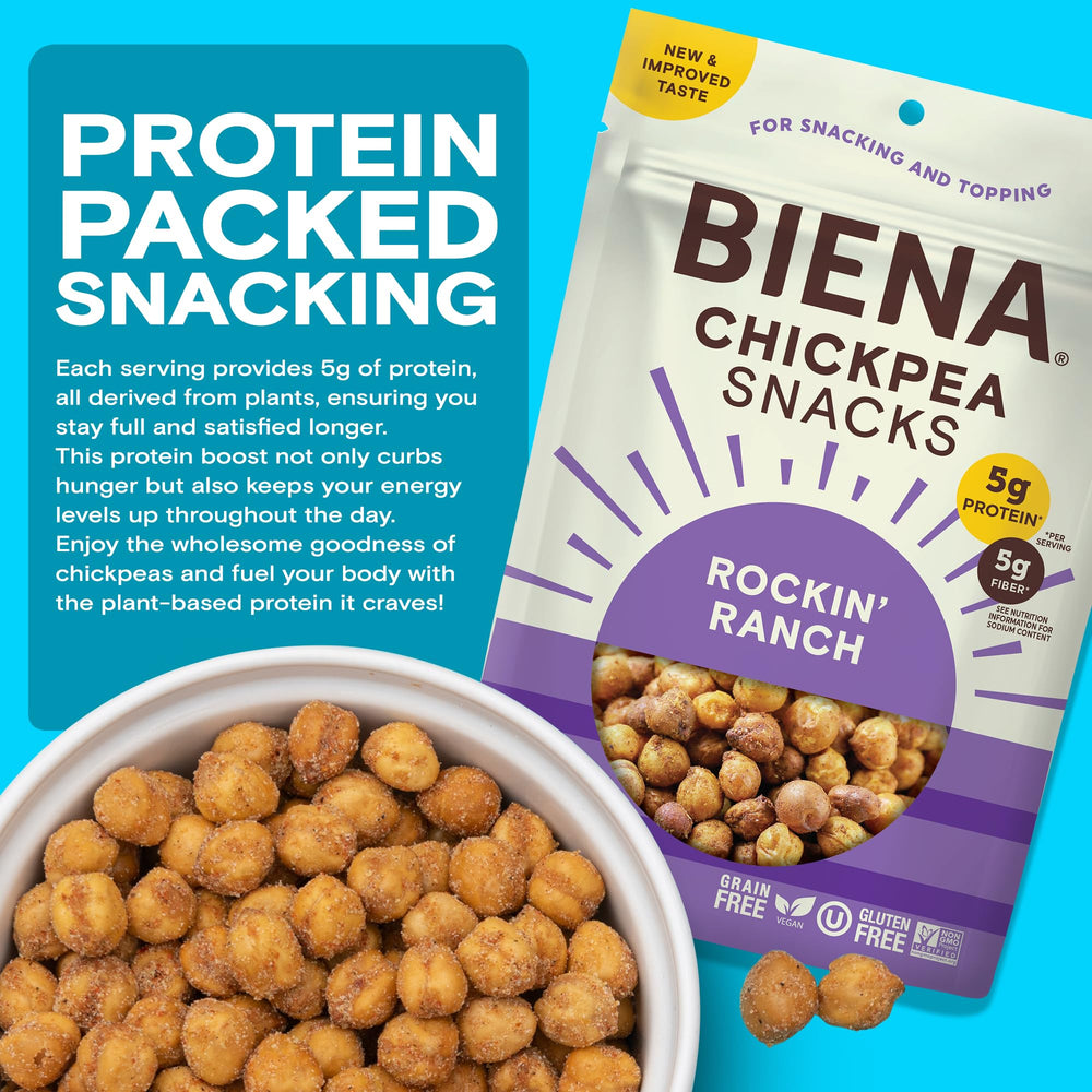 BIENA close-up of roasted chickpeas texture, crispy satisfying crunch