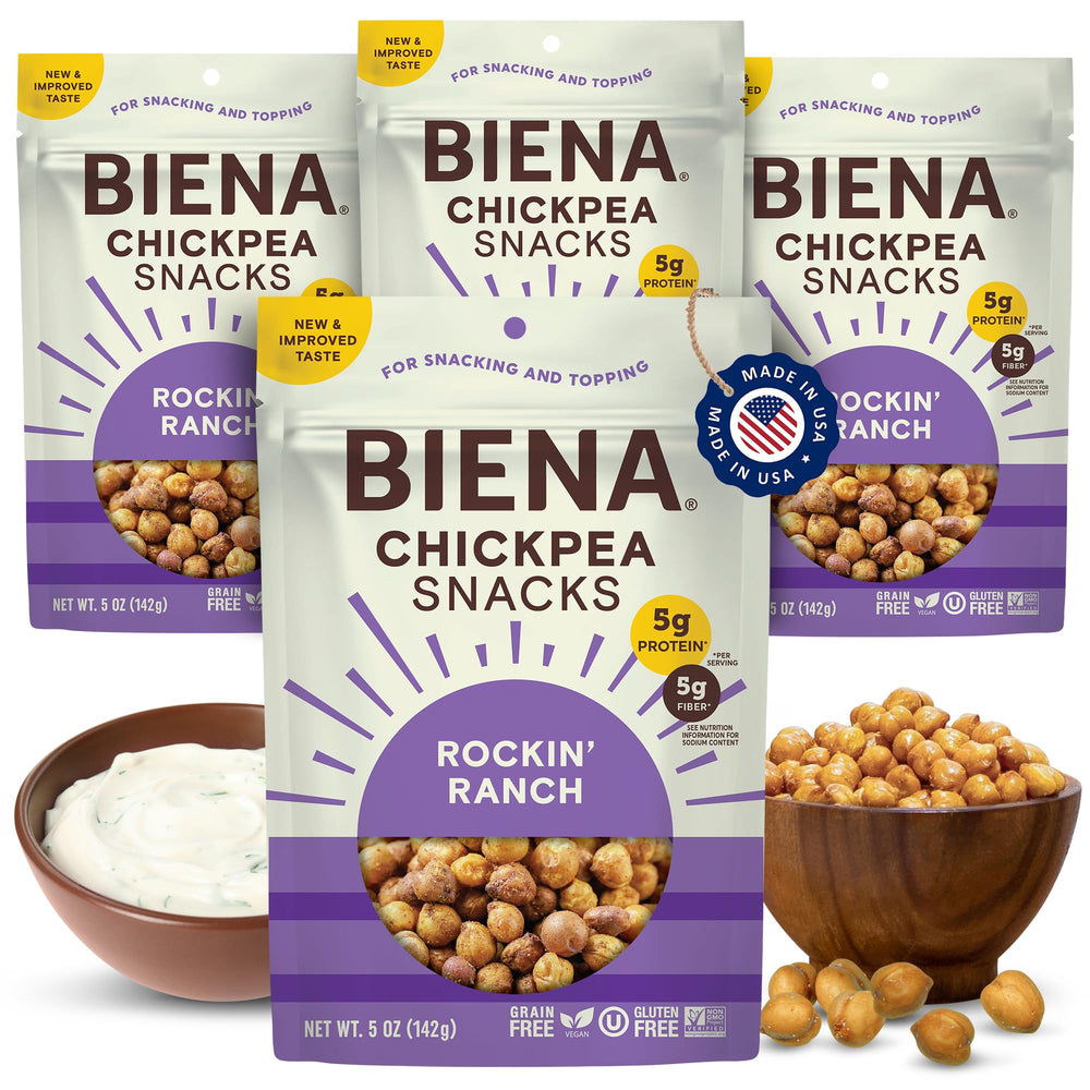 BIENA front packaging showing Rockin’ Ranch 4-pack, convenient grab-and-go