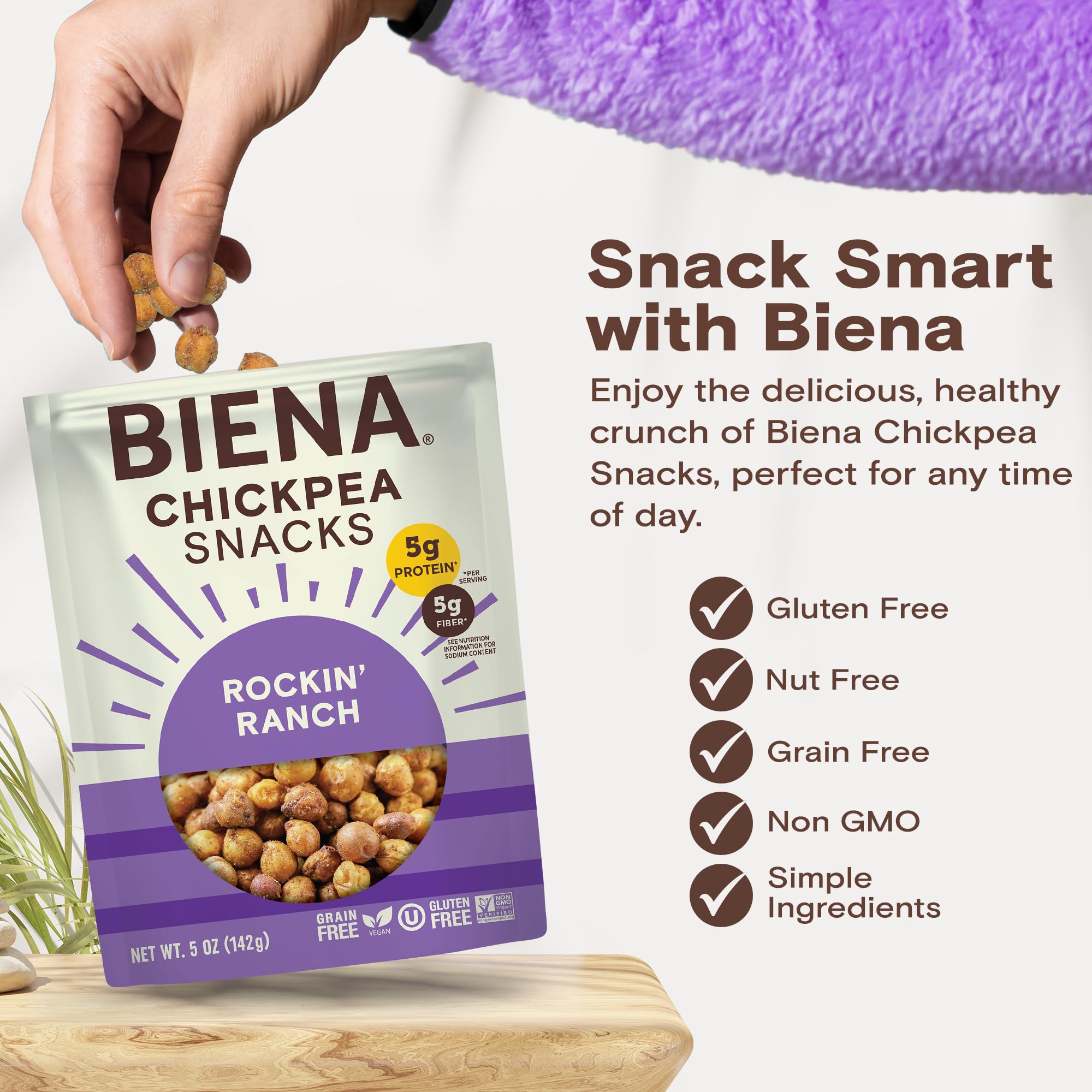 BIENA nutrition label close-up, clear protein and fiber info