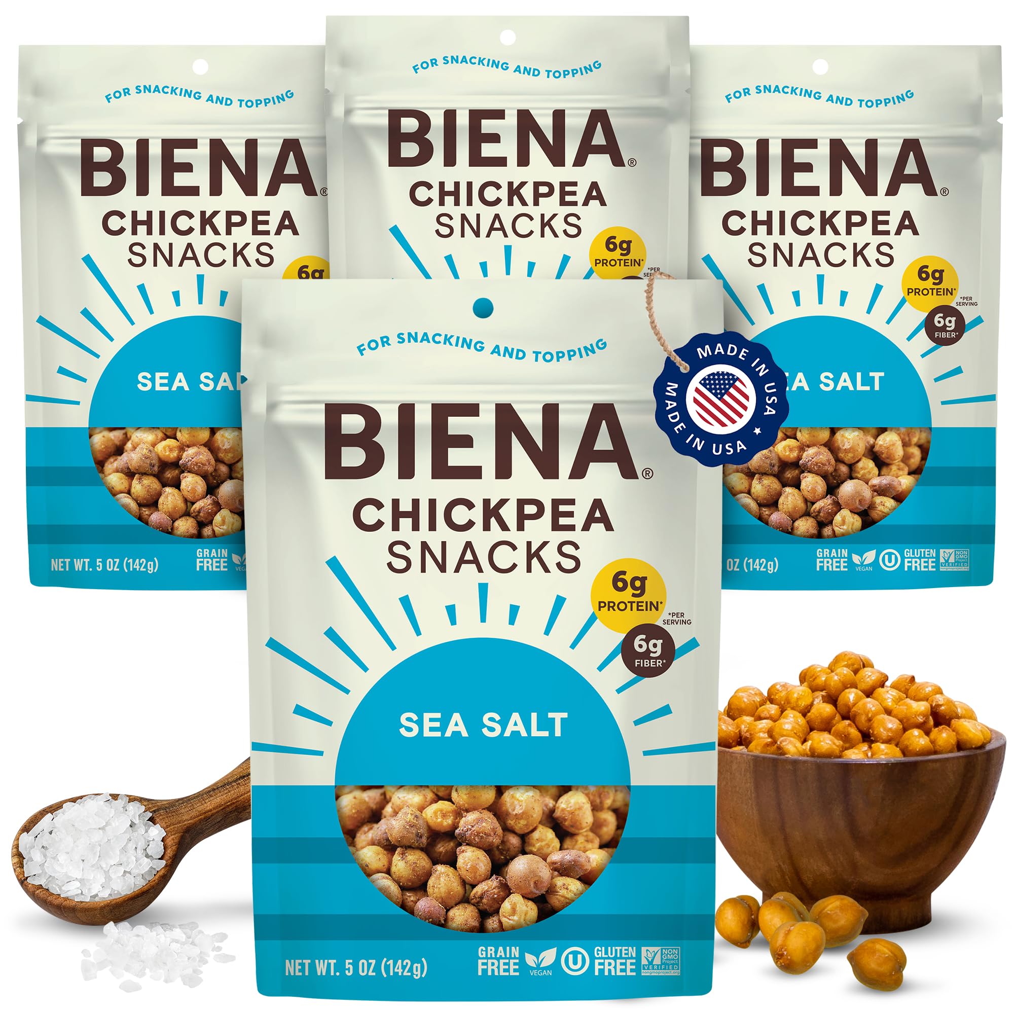 BIENA front packaging showing 4-pack and sea salt flavor, easy grab-and-go