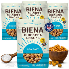 BIENA front packaging showing 4-pack and sea salt flavor, easy grab-and-go
