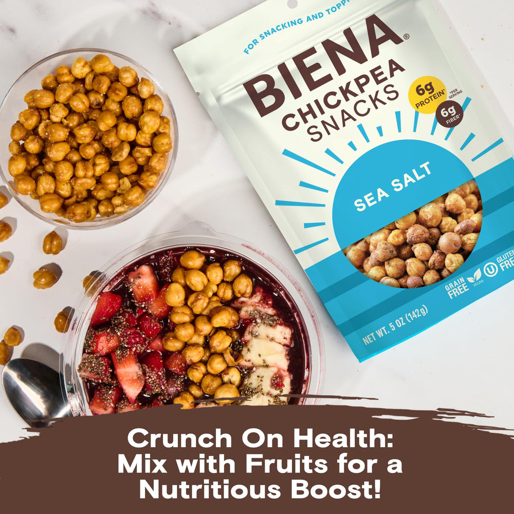 BIENA hand holding bag to show 5 ounce bag size and portion control