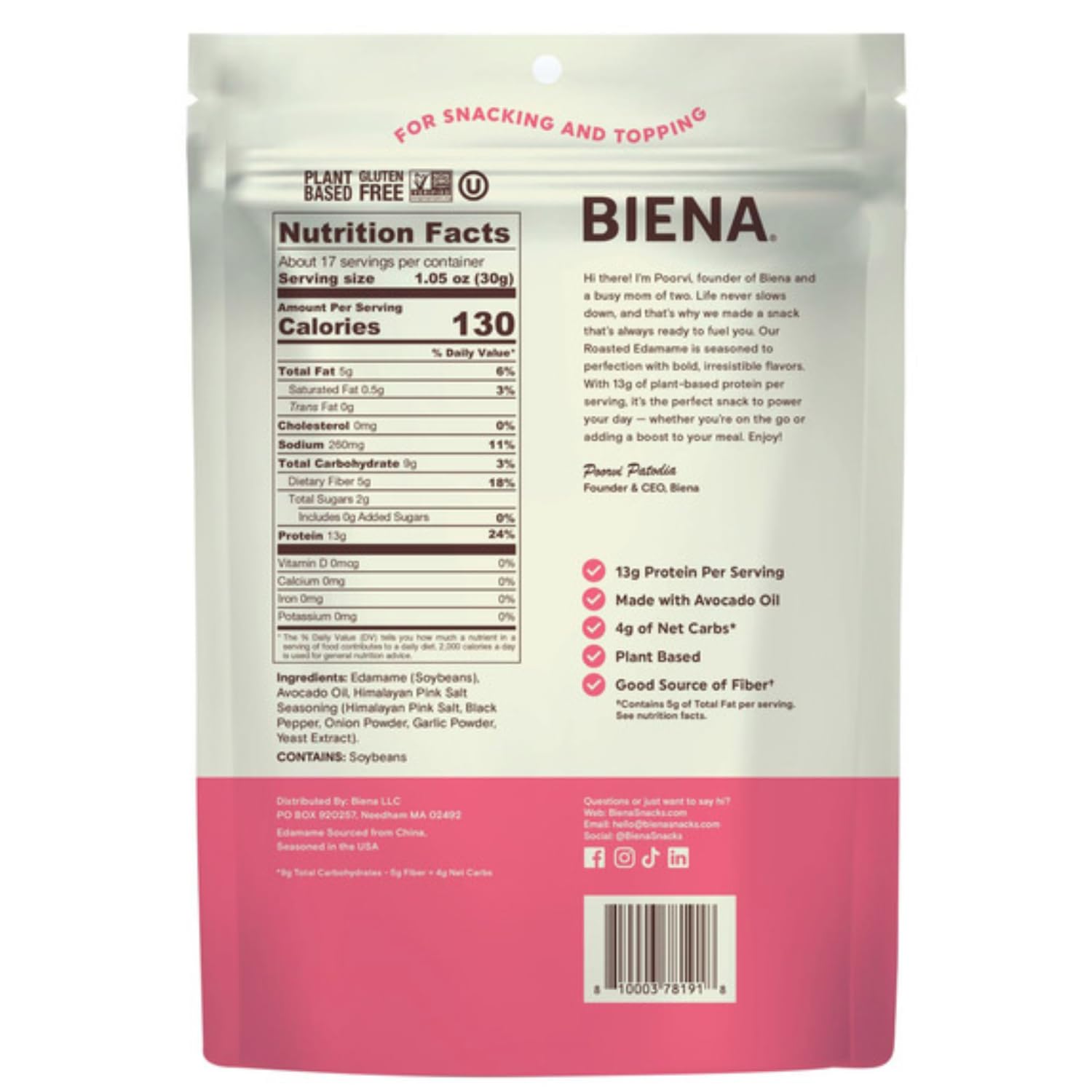 BIENA hand holding 18 oz bag to show scale and portability