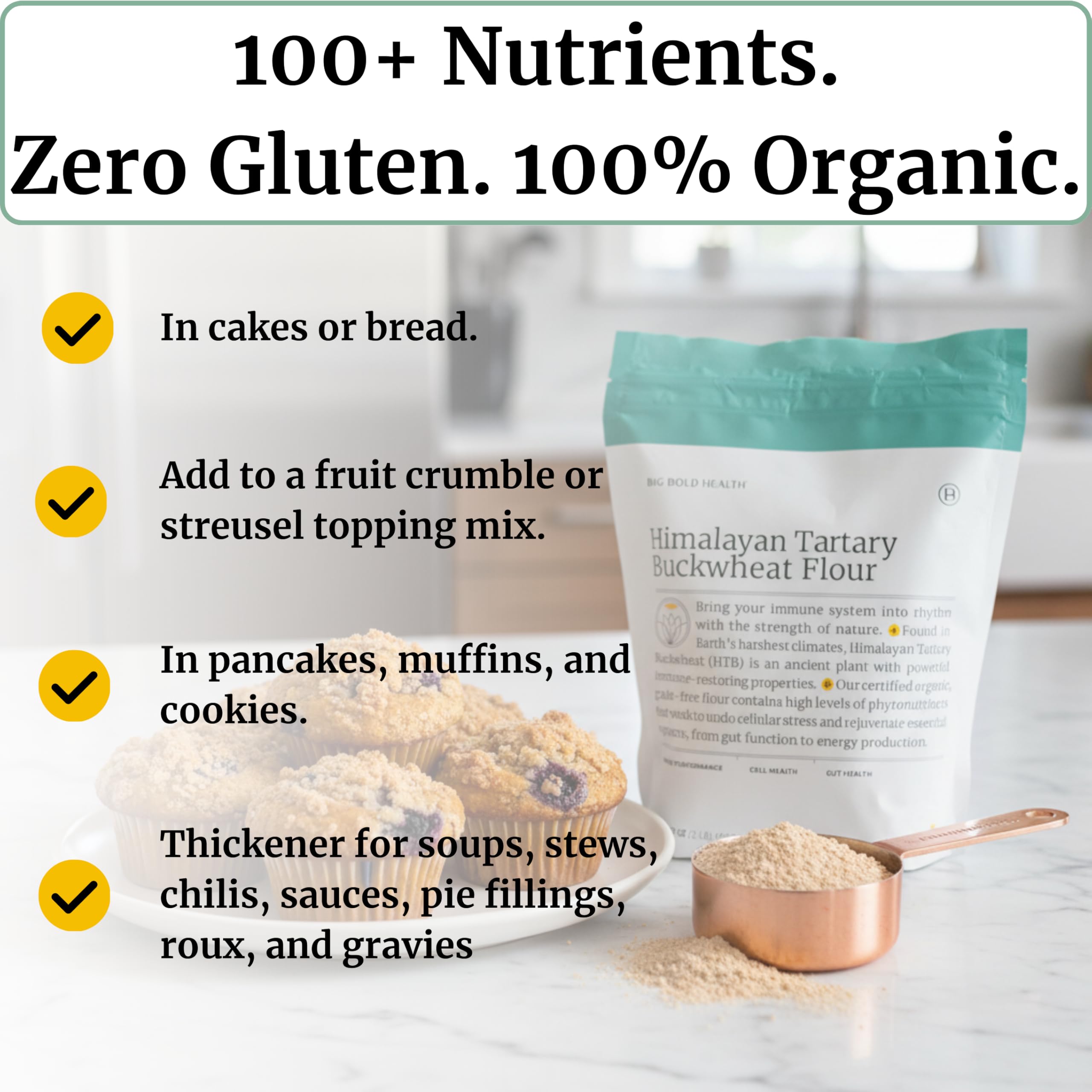 BIG BOLD HEALTH pouring flour from bag into measuring spoon for recipe accuracy