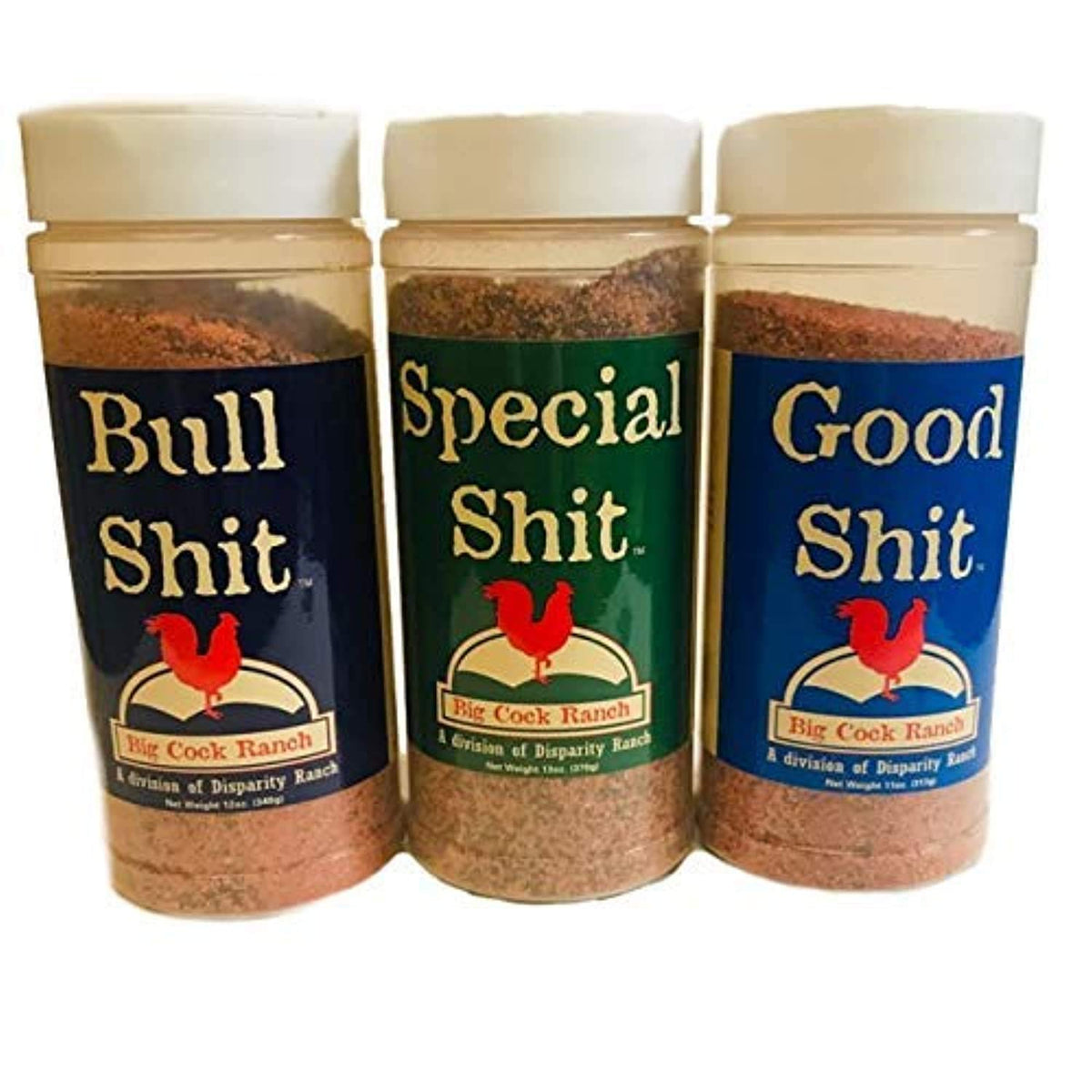 Big Cock Ranch front packaging showing three seasoning bottles and bold branding, adds confident flavor
