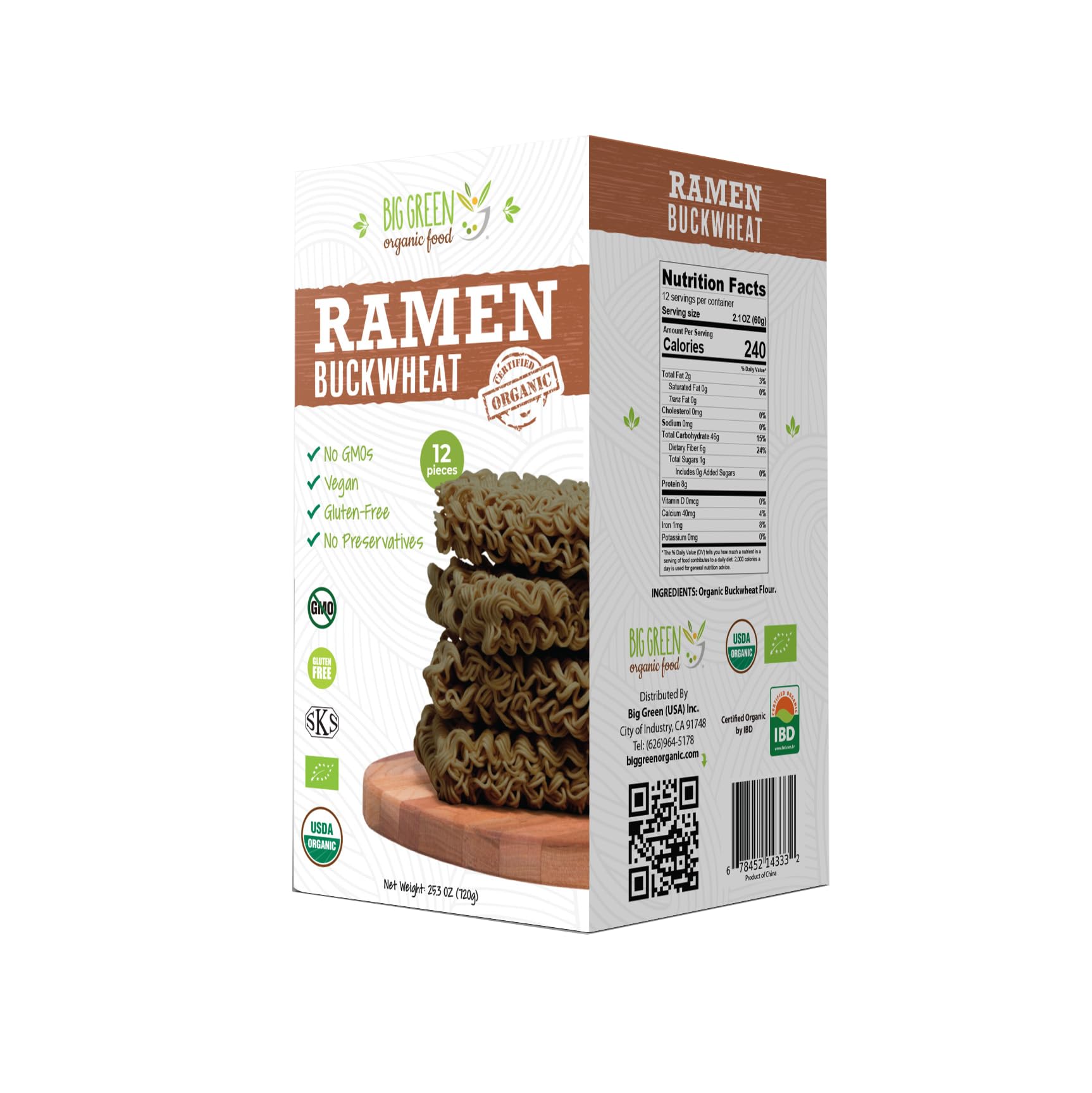 Big Green Organic Food front packaging of 25.3oz buckwheat ramen showing organic label and family pack convenience