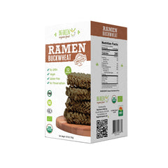 Big Green Organic Food front packaging of 25.3oz buckwheat ramen showing organic label and family pack convenience
