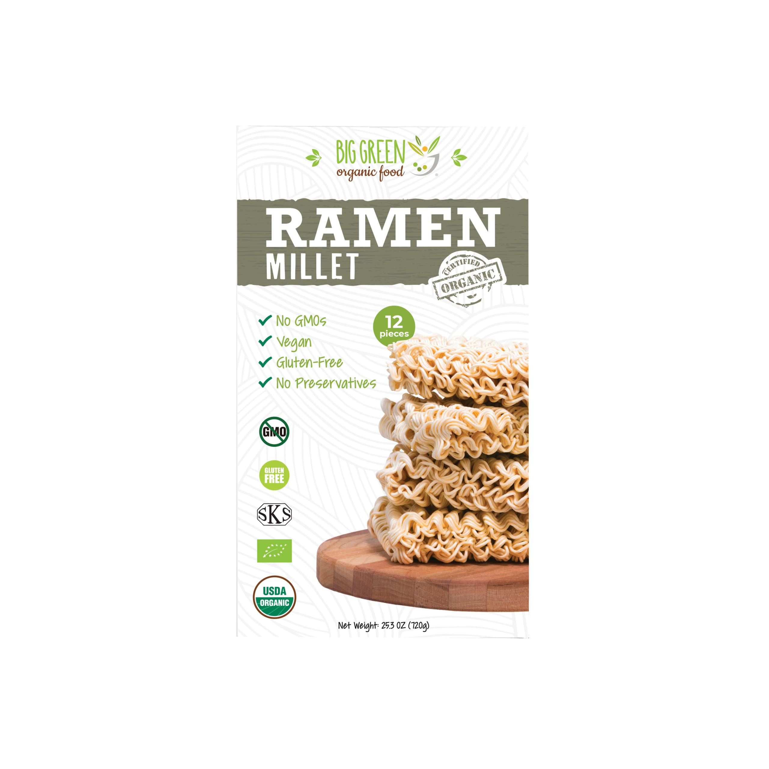 Big Green Organic Food front packaging showing gluten-free benefits and organic label
