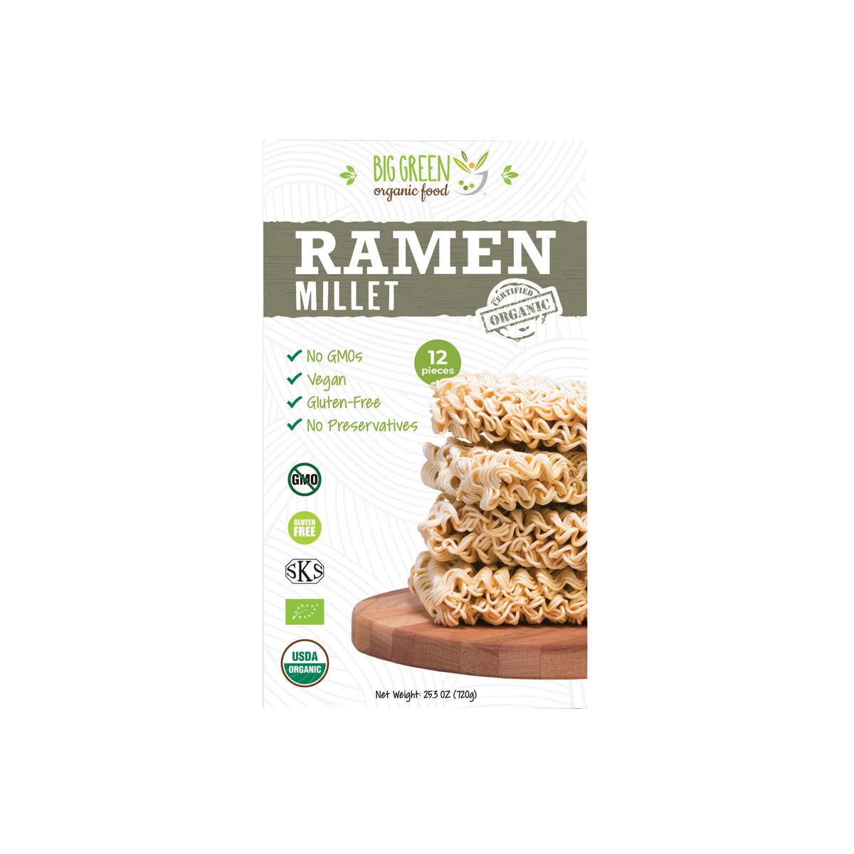 Big Green Organic Food front packaging showing gluten-free benefits and organic label