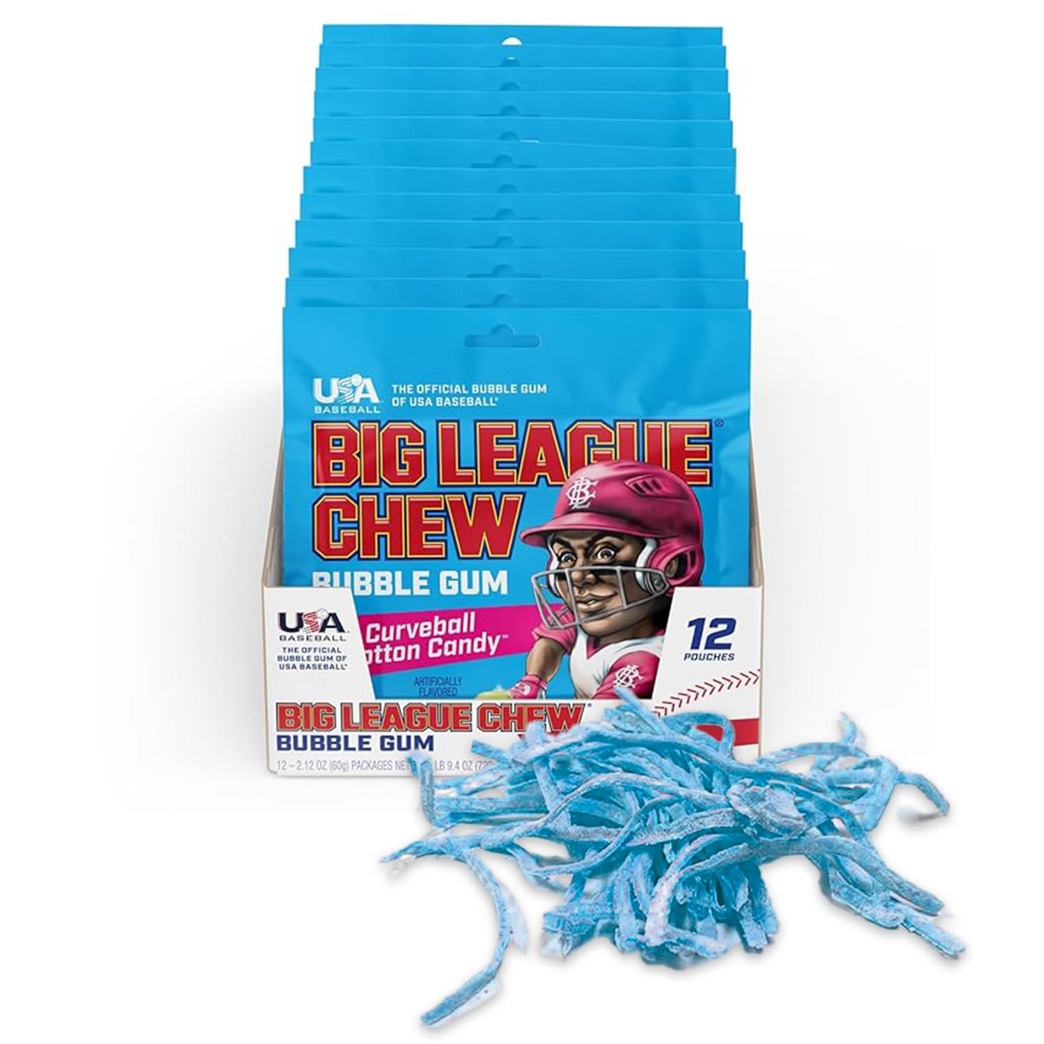 Big League Chew front packaging showing Curveball Cotton Candy flavor and resealable pouch for convenience