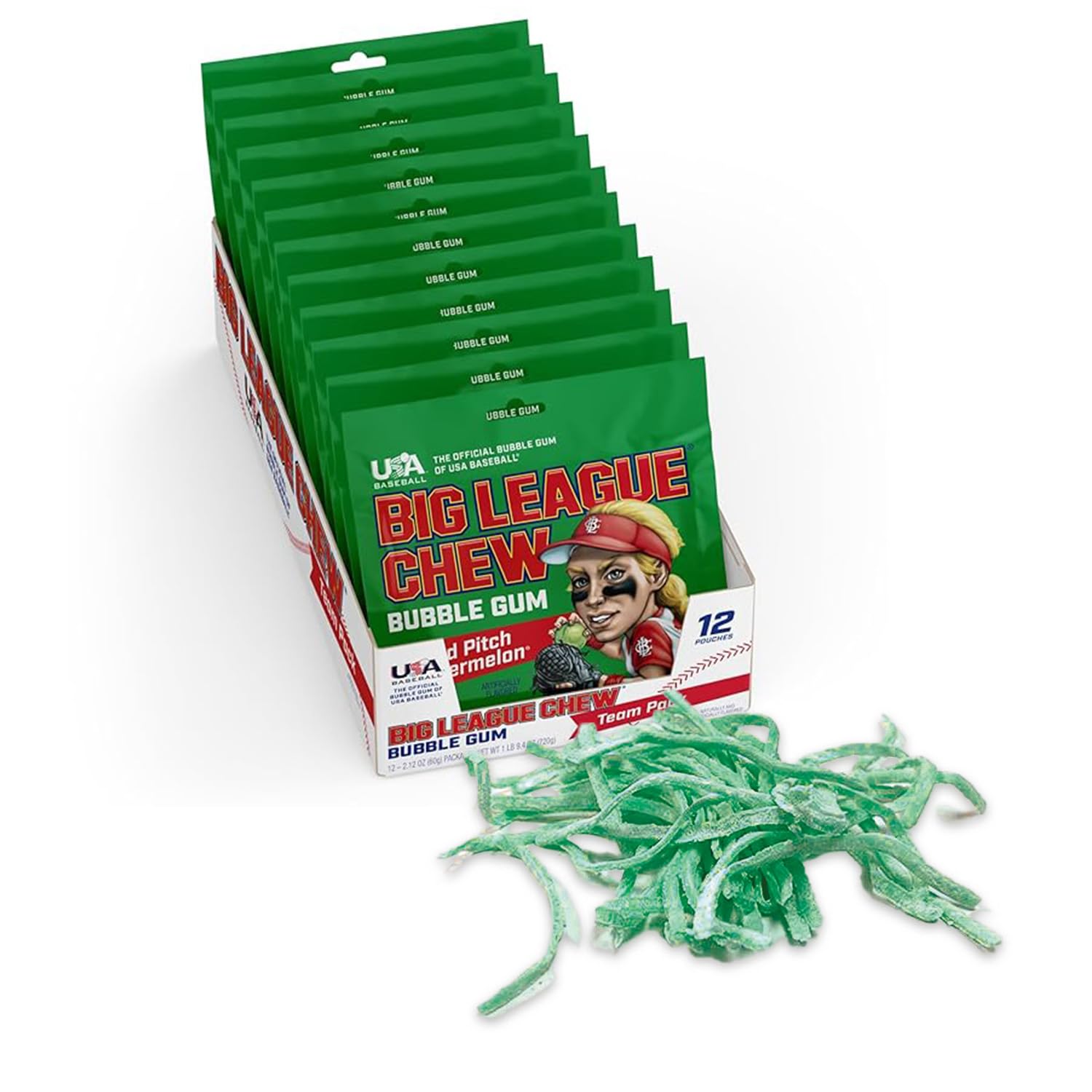 Big League Chew front packaging showing watermelon flavor and easy grab