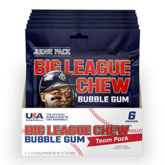 Big League Chew front packaging showing six Grand Slam Grape pouches and branding benefit freshness
