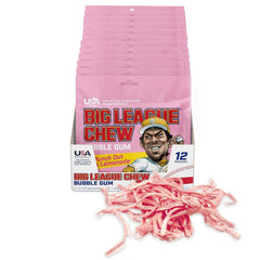 Big League Chew front pouch showing pink lemonade design and convenient pack