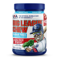 Big League Chew jar open with visible sugar free gum pieces demonstrating freshness retention