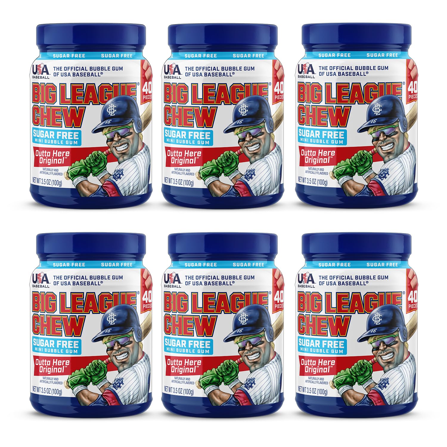 Big League Chew front packaging showing six sugar free mini Original jars for easy sharing