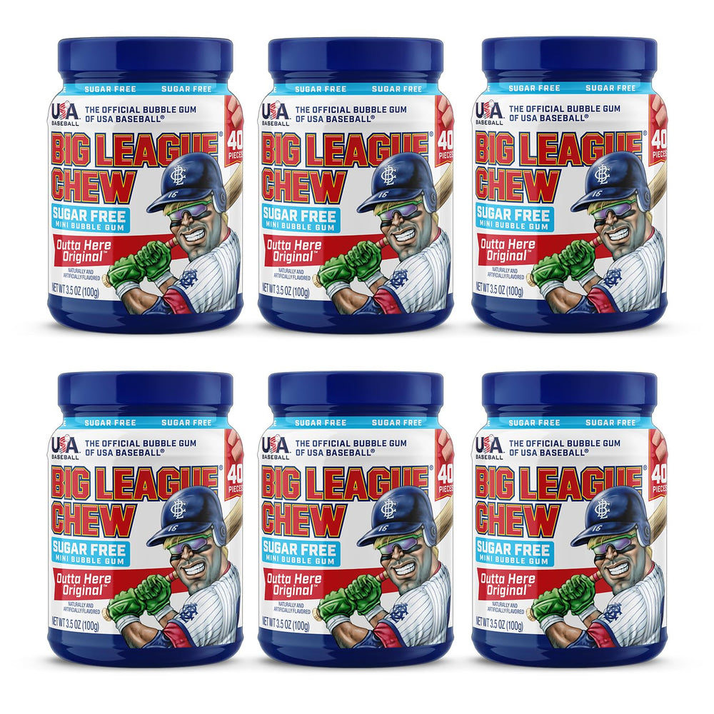 Big League Chew front packaging showing six sugar free mini Original jars for easy sharing