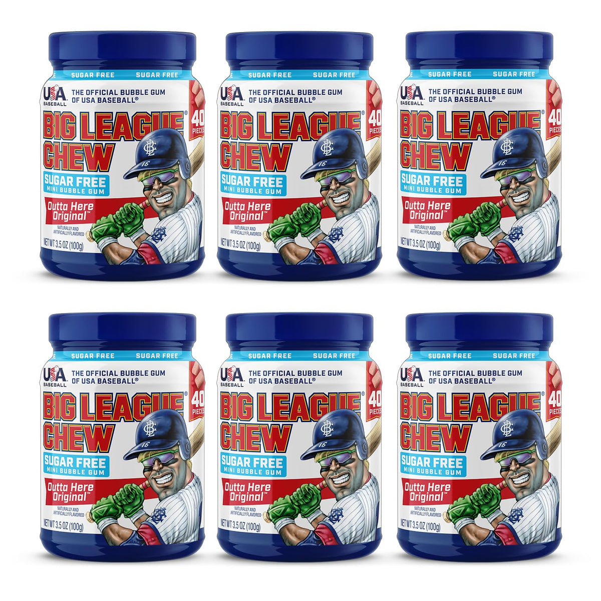 Big League Chew front packaging showing six sugar free mini Original jars for easy sharing