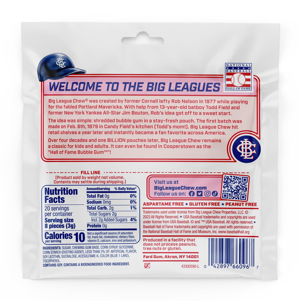 Hand holding Big League Chew pouch to show size and portability for quick on-the-go snacking