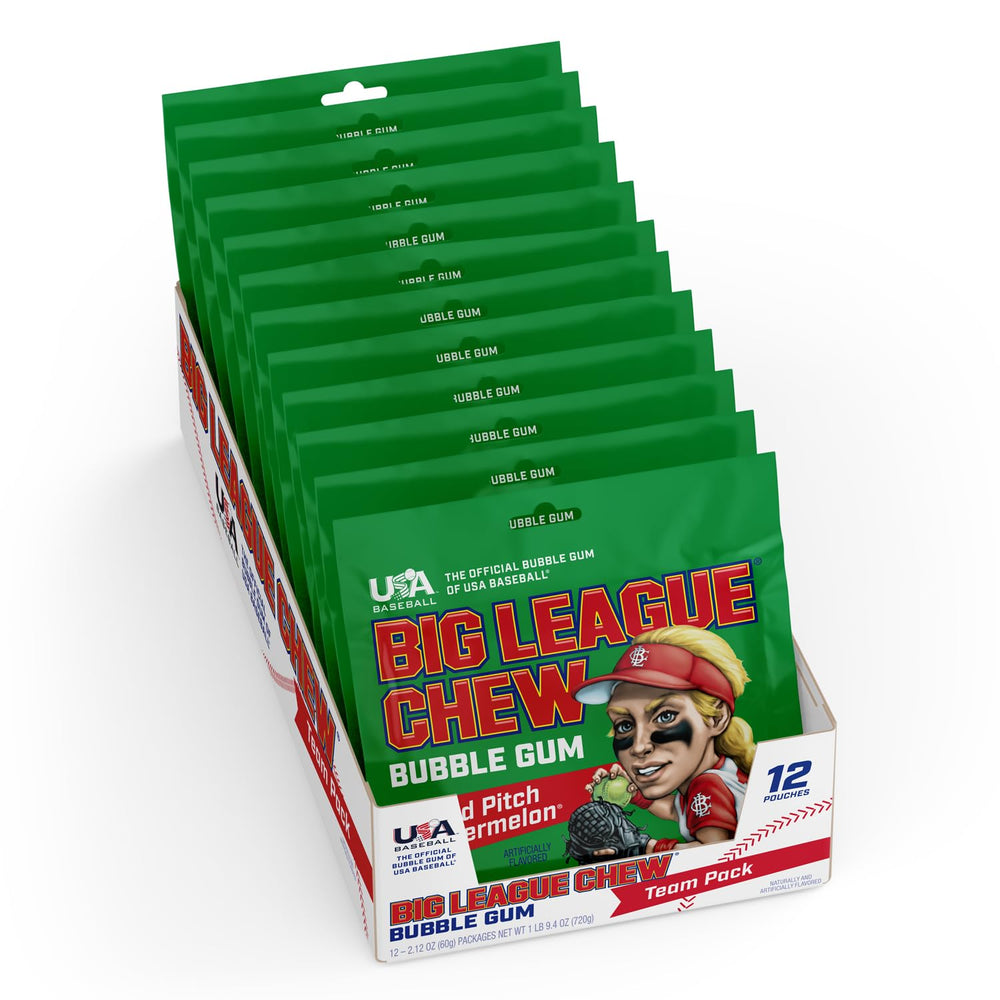 Big League Chew pouch opened with shredded gum visible and ready to chew