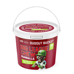 Big League Chew bucket front view showing sour cherry gumballs and labeling benefit convenience