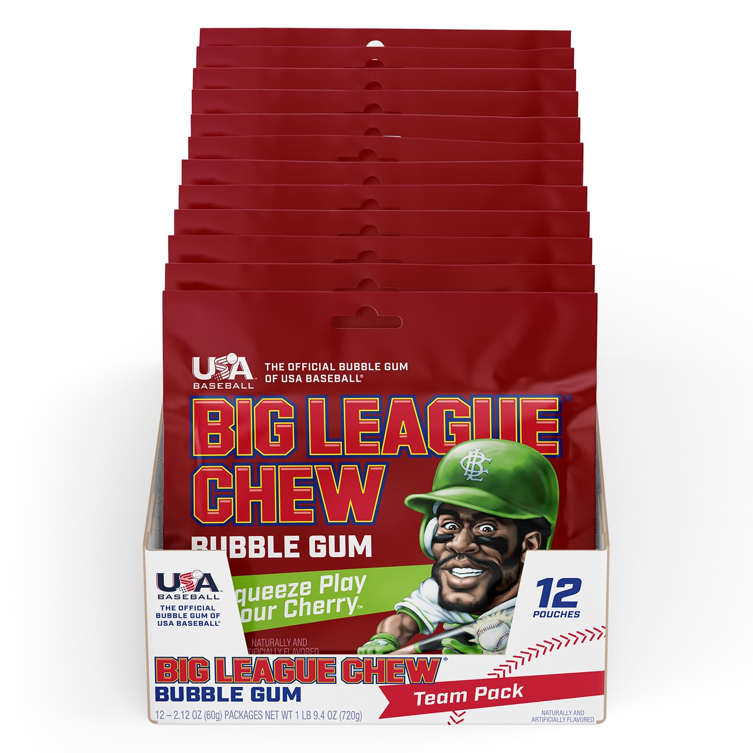 Big League Chew front packaging showing bright sour cherry flavor and portability benefit