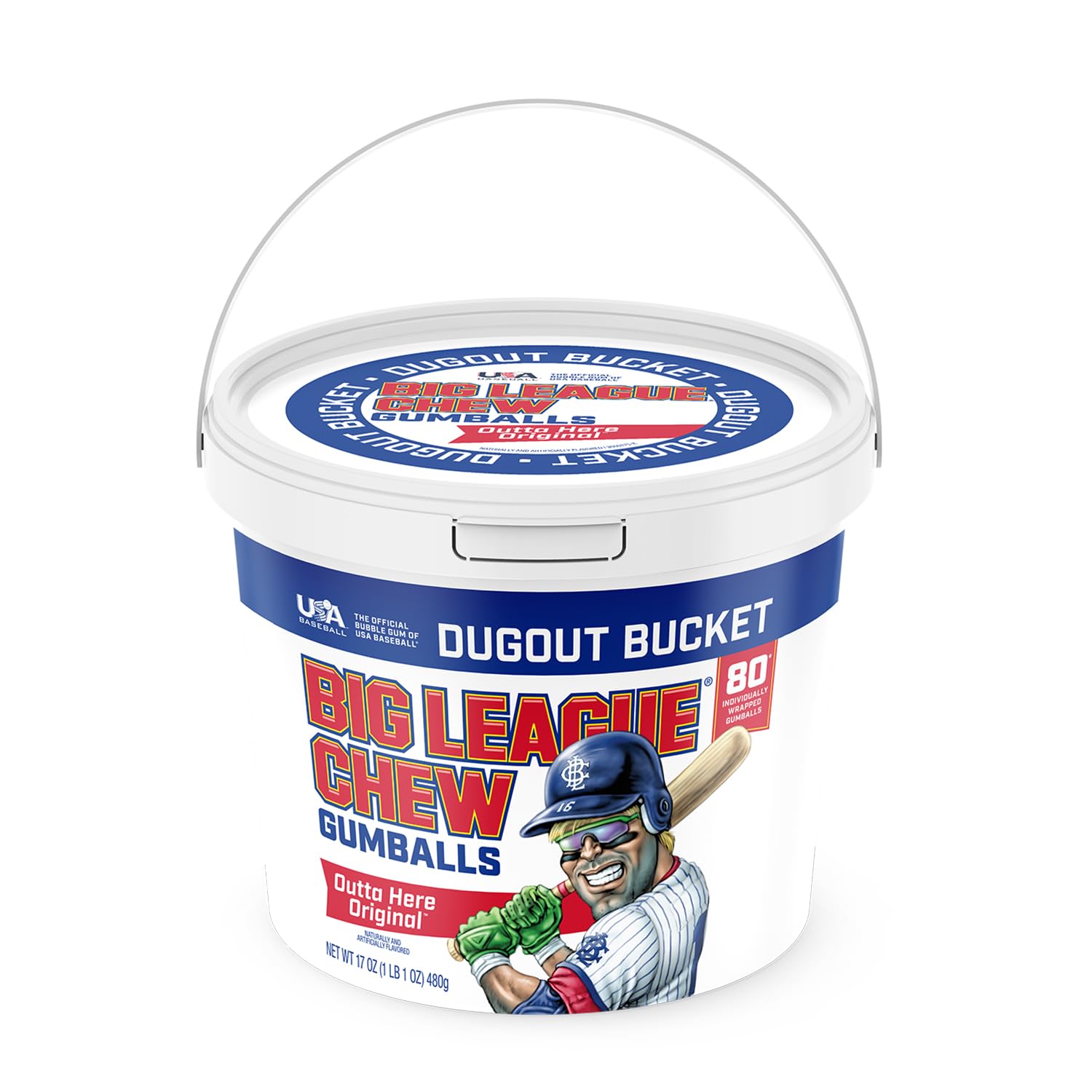 Big League Chew bucket front view showing brand and quantity, easy distribution