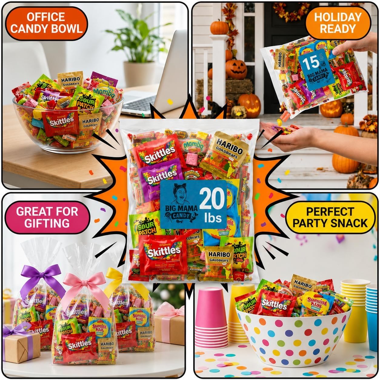 Big Mama Candy on a party table with guests smiling to show crowd-pleasing selection