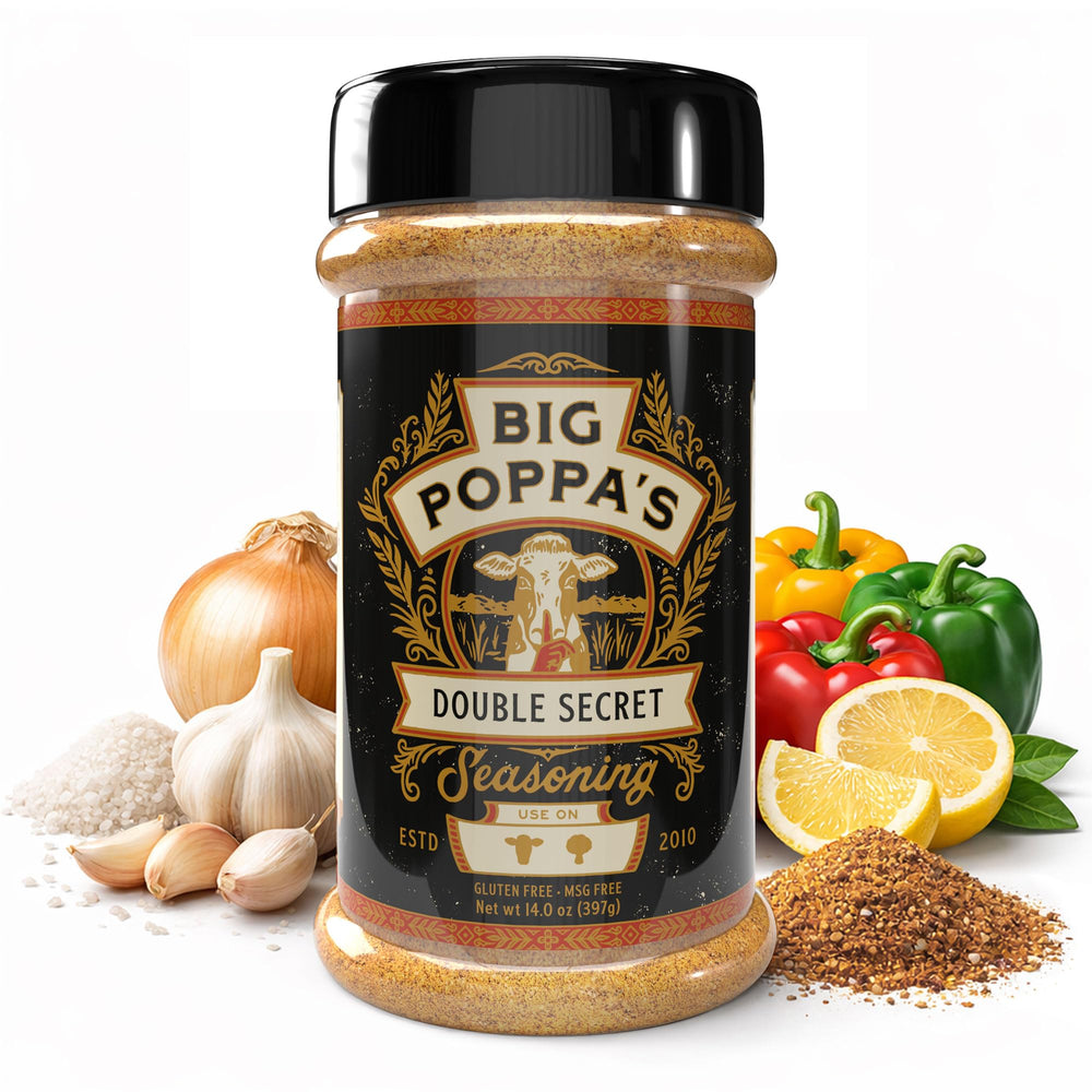 Big Poppa Smokers front label of 14 oz Double Secret steak seasoning, clear branding and size