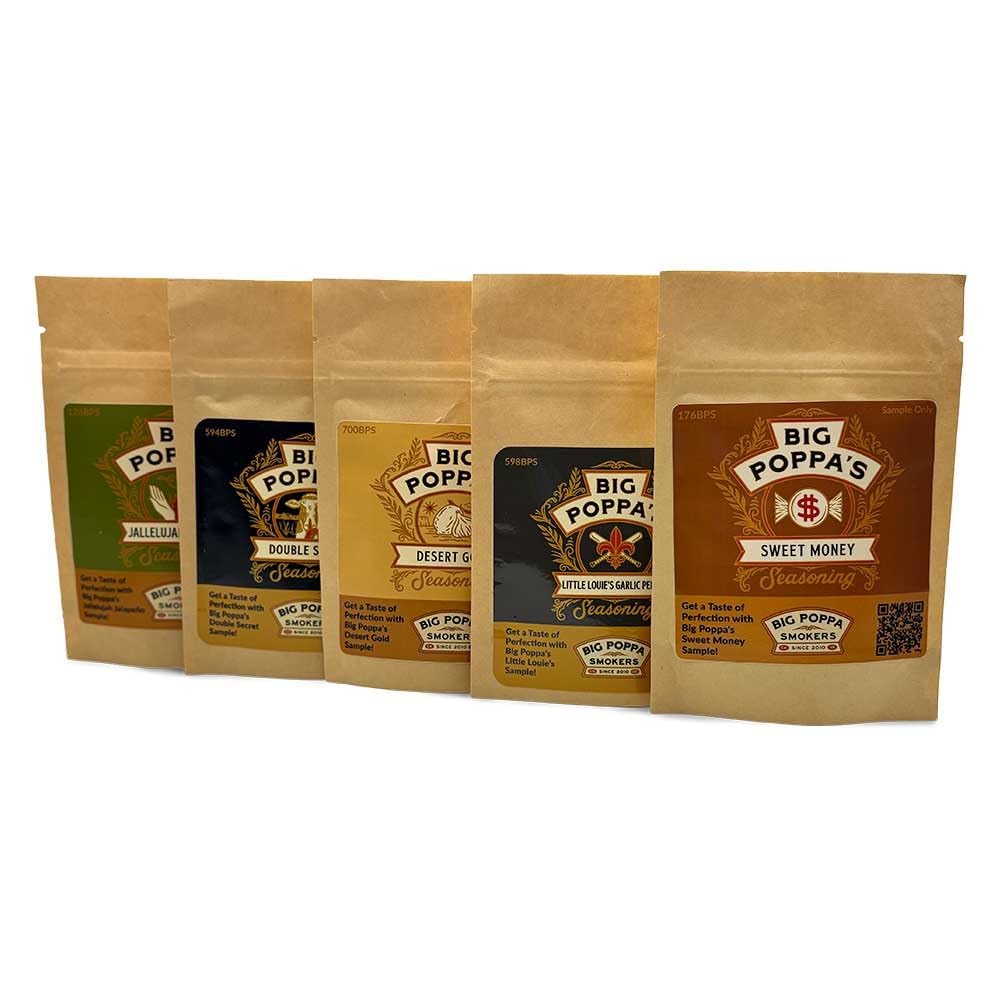 Big Poppa Smokers five-pack front packaging showing compact sampler jars and branding benefit-savvy tasting