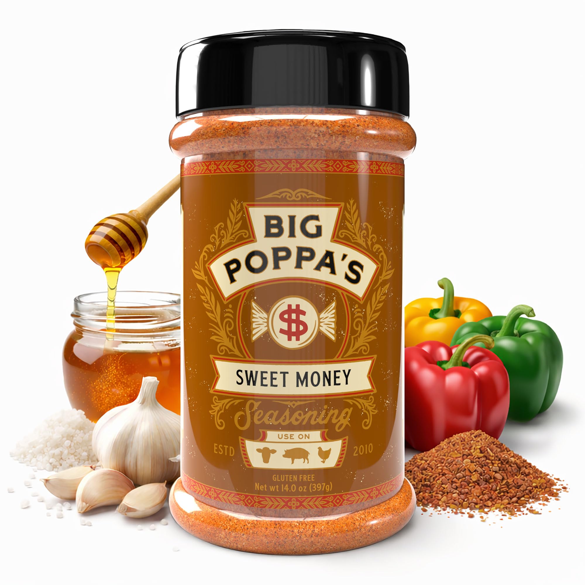 Big Poppa Smokers front packaging showing label and 14 oz shaker benefit easy storage