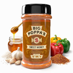 Big Poppa Smokers front packaging showing label and 14 oz shaker benefit easy storage