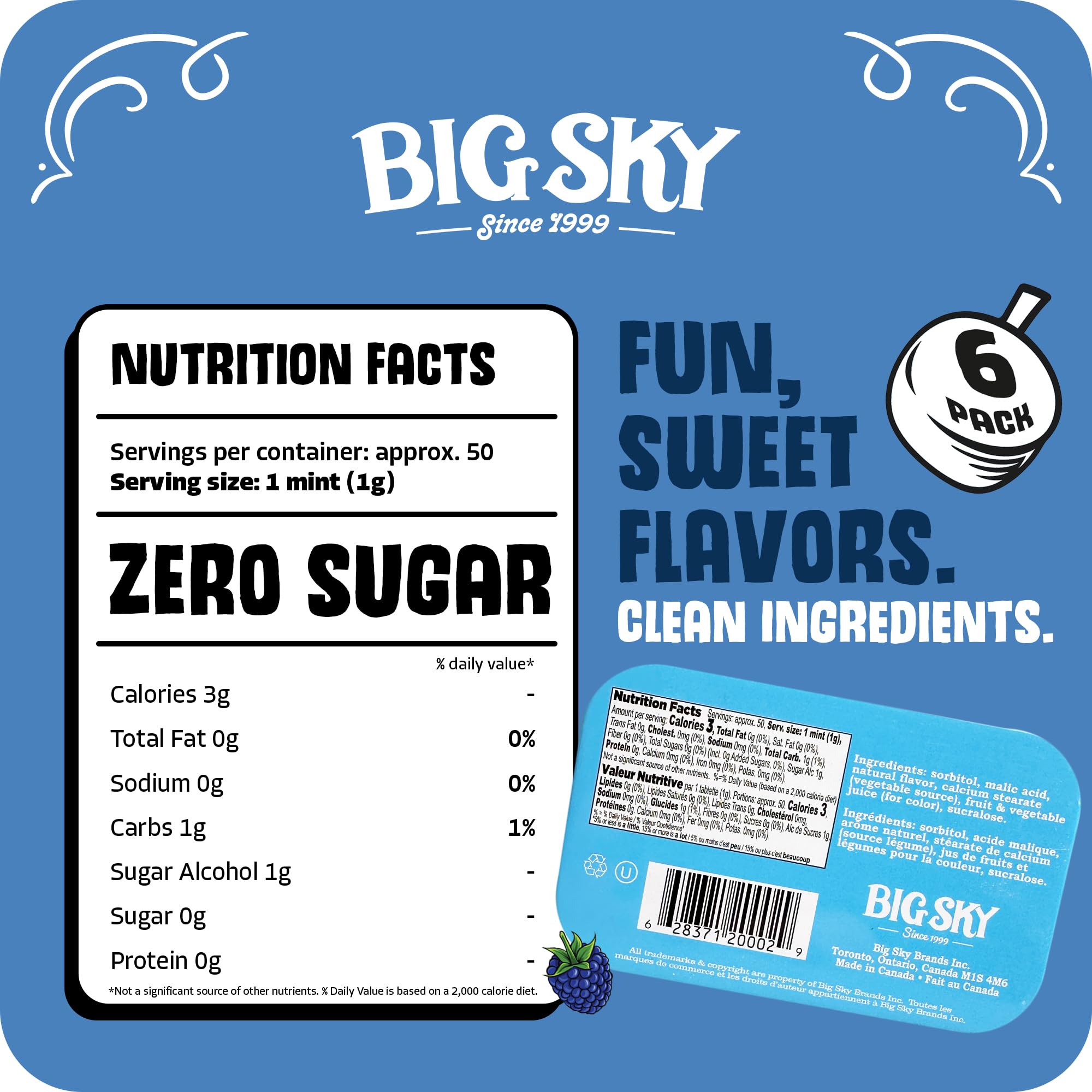 Big Sky open tin revealing small blue raspberry mints for quick refreshment