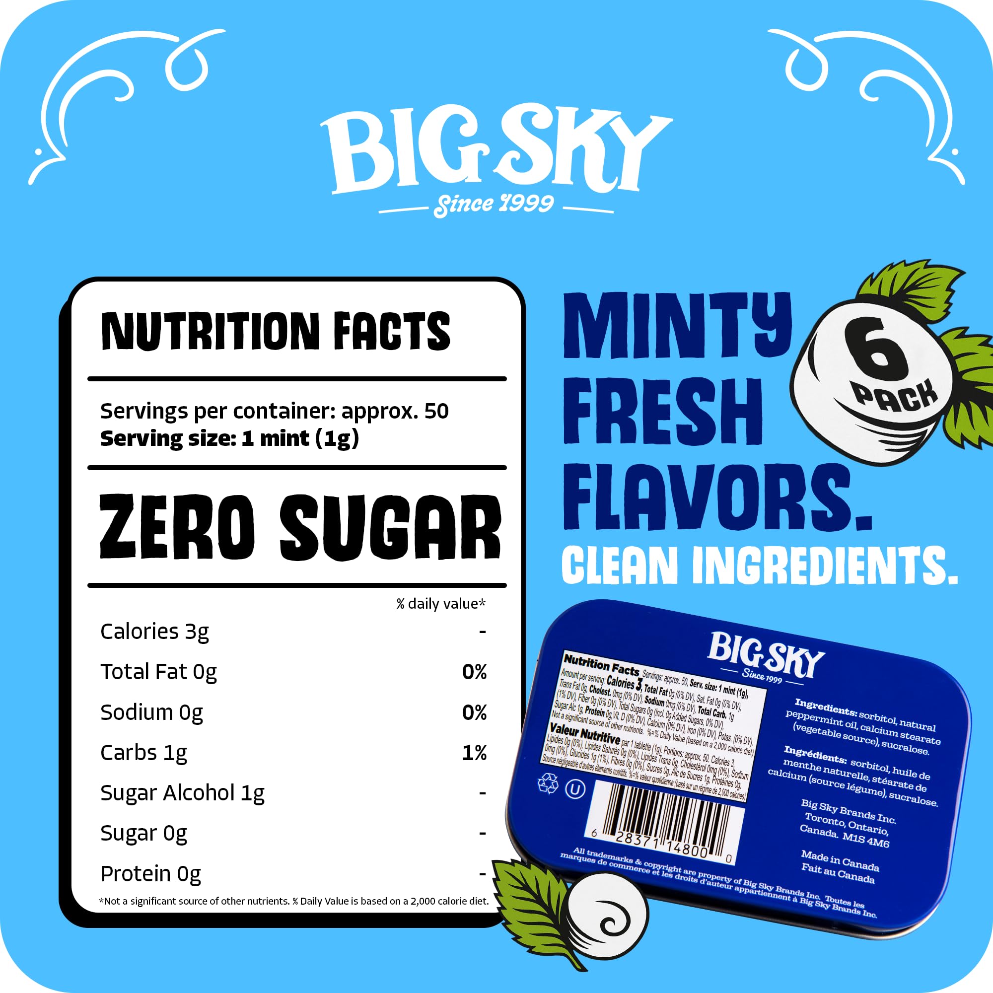 Big Sky open tin with visible mints and resealable lid, keeps mints crush-free