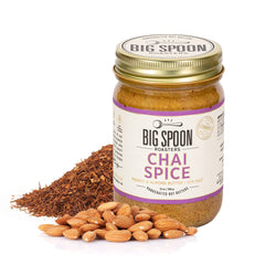 Big Spoon Roasters jar front view showing chai almond peanut butter, highlights flavor