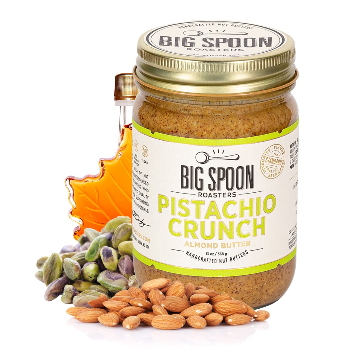 Big Spoon Roasters front jar showing almond pistachio butter and label benefits