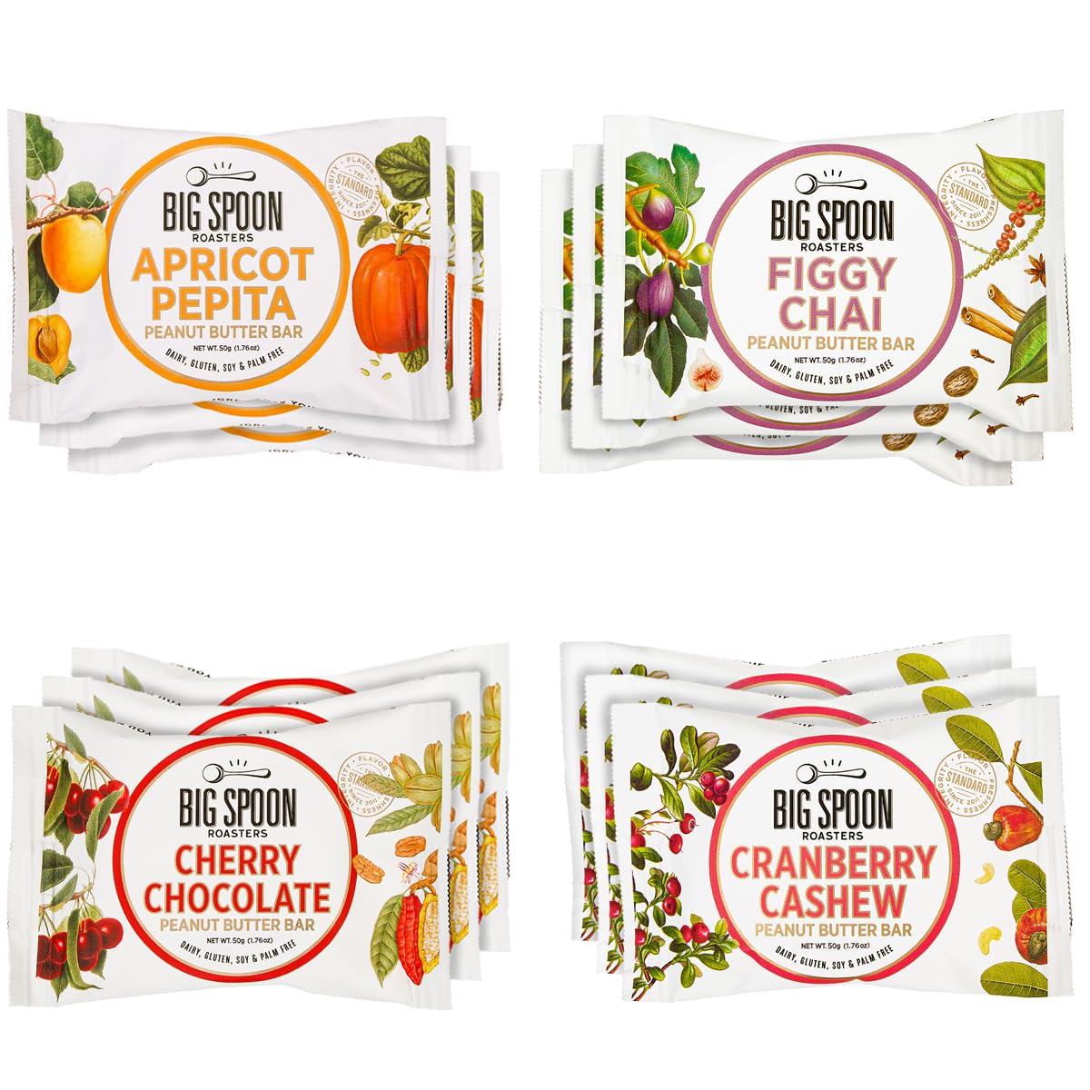 Big Spoon Roasters front box showing all four flavors and wholesome appeal